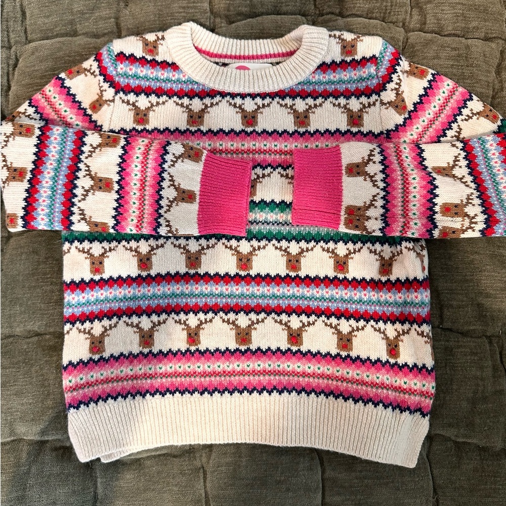 Mini Boden Kids Reindeer Crewneck Sweater - Pink, Cream, and Brown